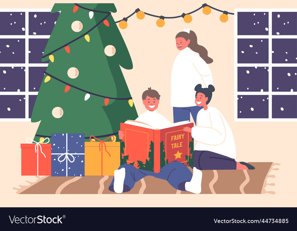 Happy kids reading fairy tale stories at christmas