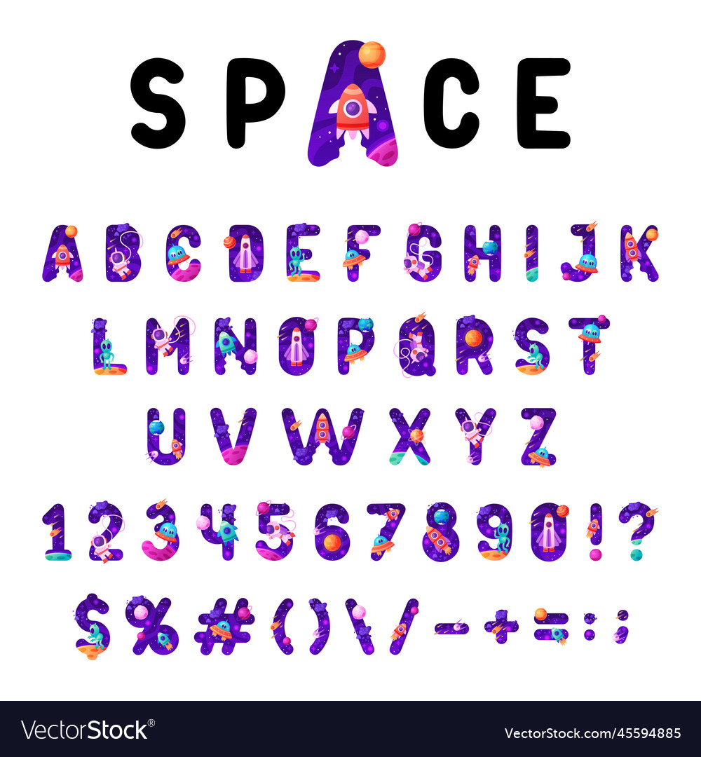 Space font and alphabet with cosmic capital