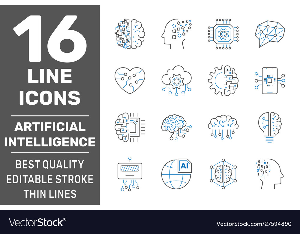 Artificial intelligence line icons set brain