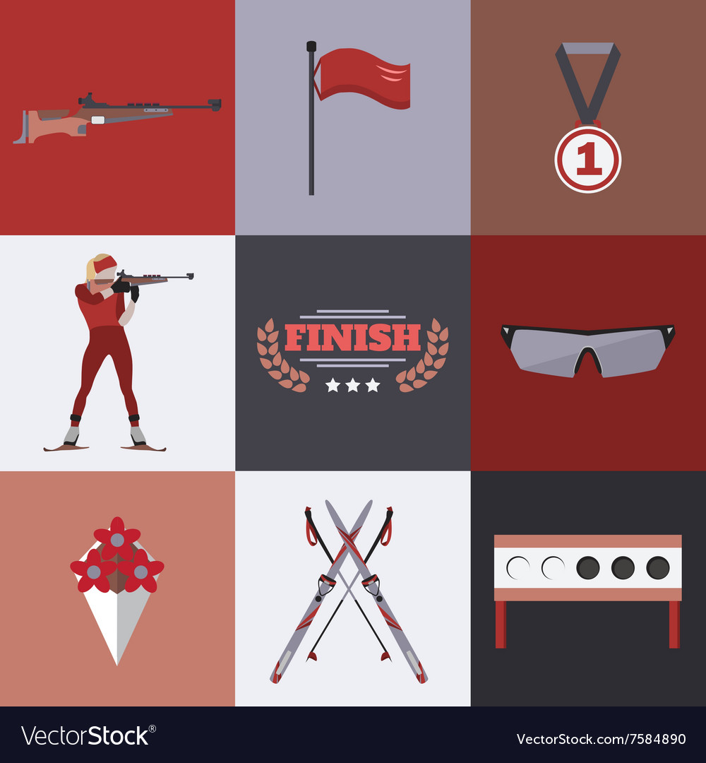 Biathlon icons set flat style design target ski