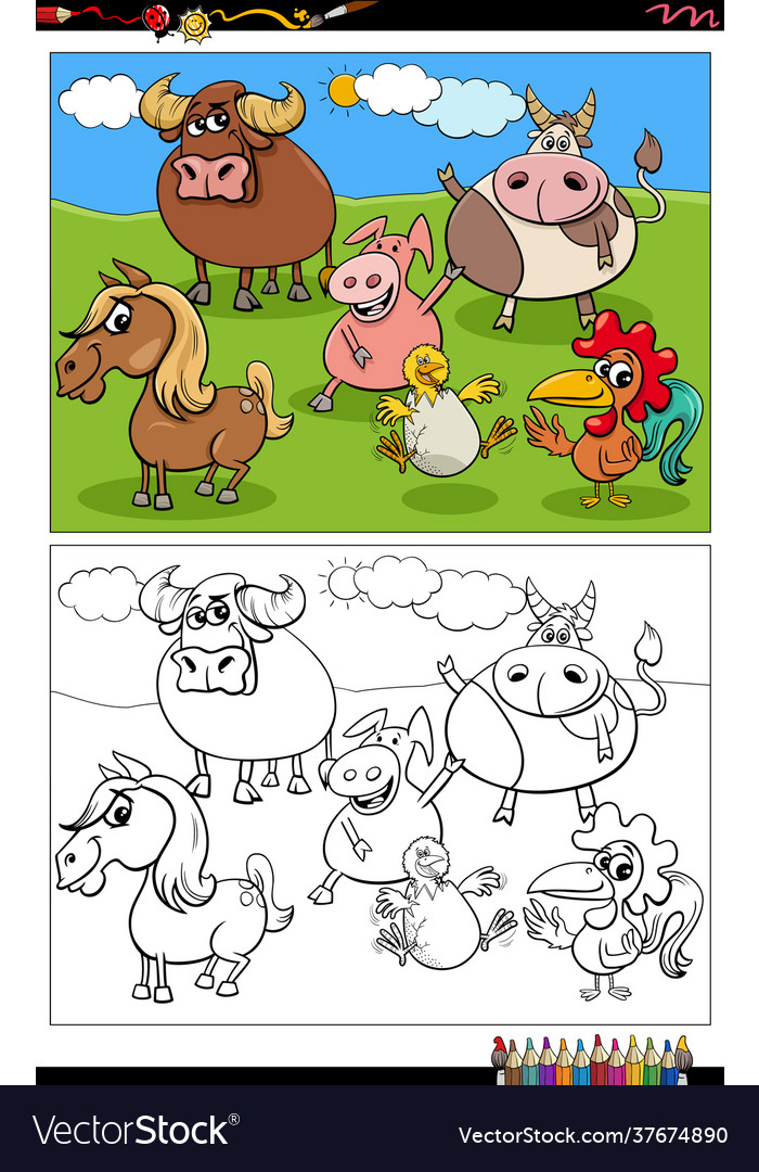 Cartoon farm animals characters group coloring Vector Image