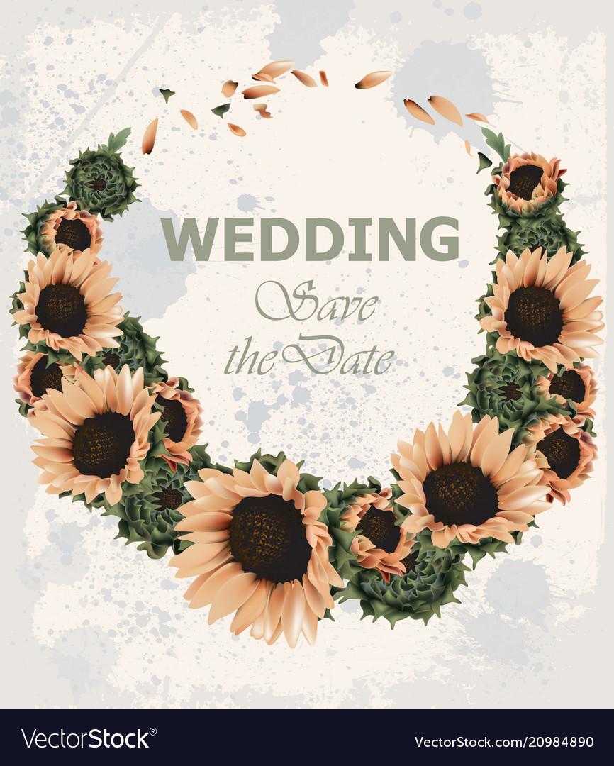 Vintage wedding invitation with sunflowers wreath