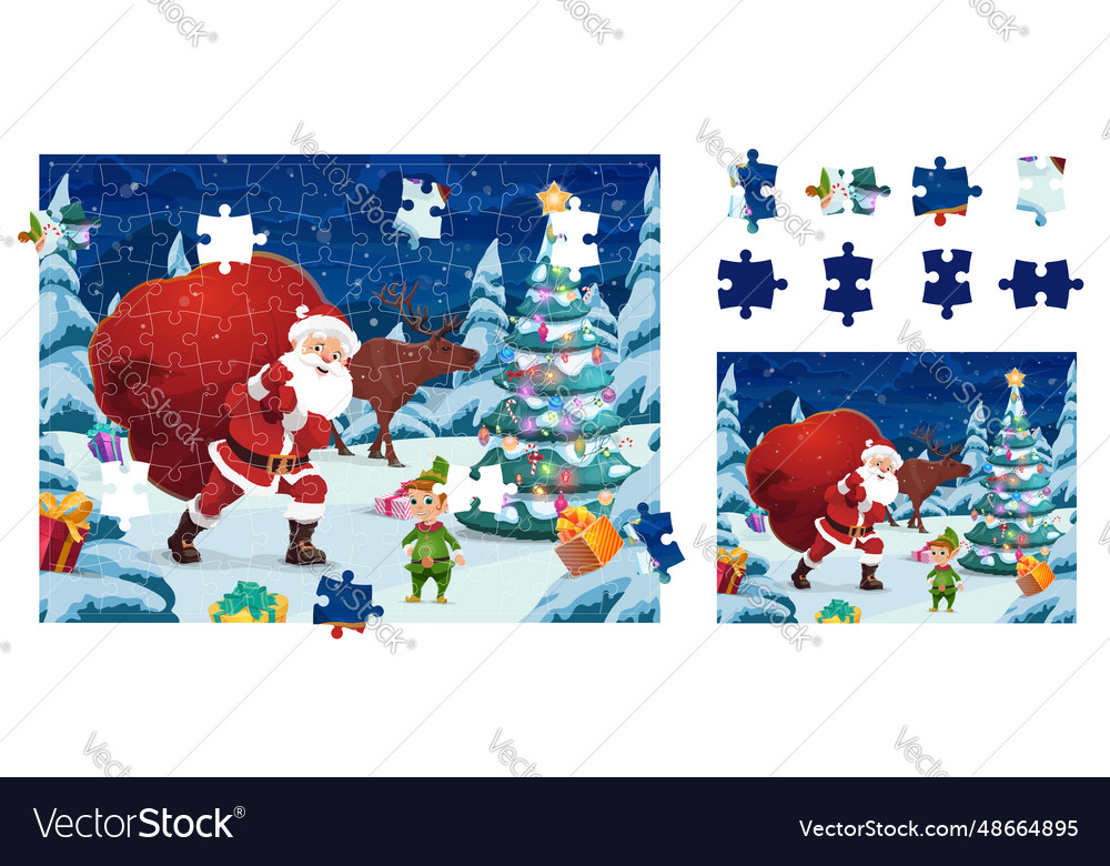 Christmas game jigsaw puzzle pieces cartoon santa Vector Image