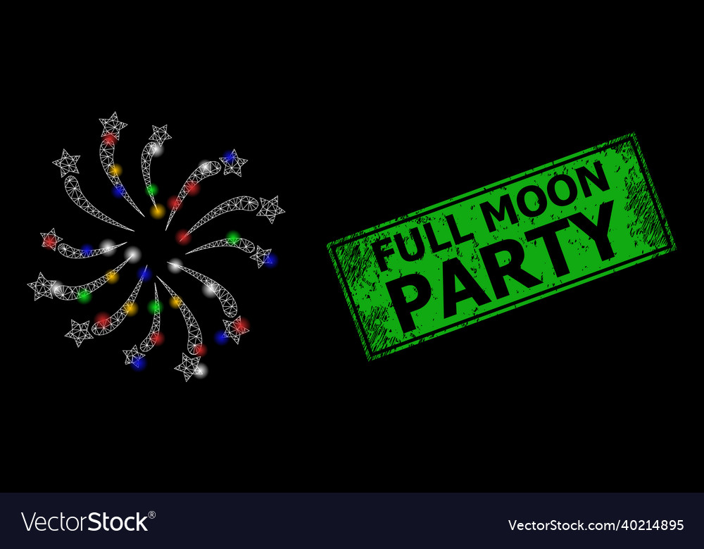 Scratched full moon party badge with net fireworks vector image Scratched full moon party badge with net fireworks