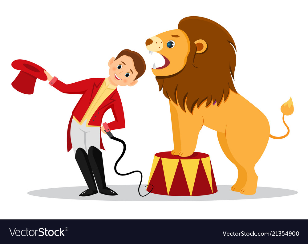 Cartoon lion tamer puts his head in the jaws of Vector Image