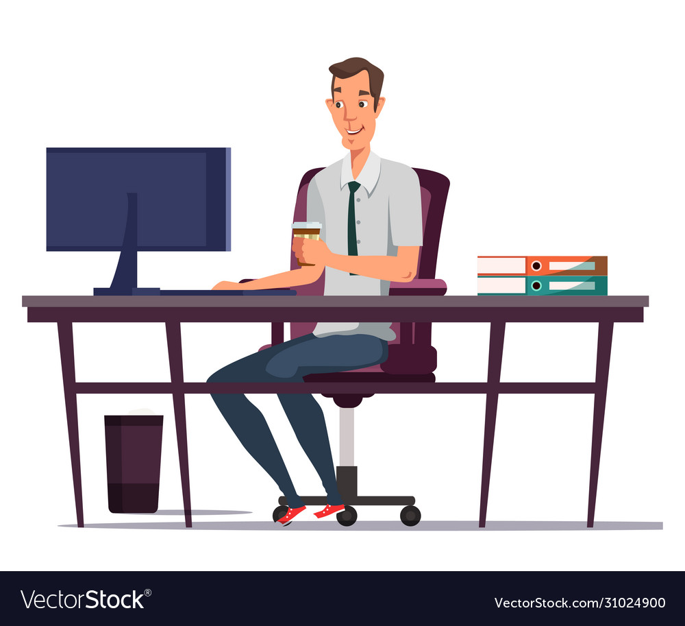 Man using computer and drinking coffee Royalty Free Vector