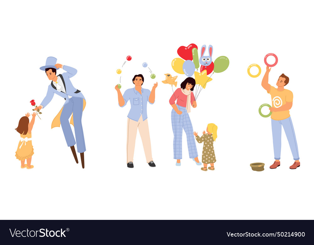 Stilt walker balloon seller juggler performing Vector Image