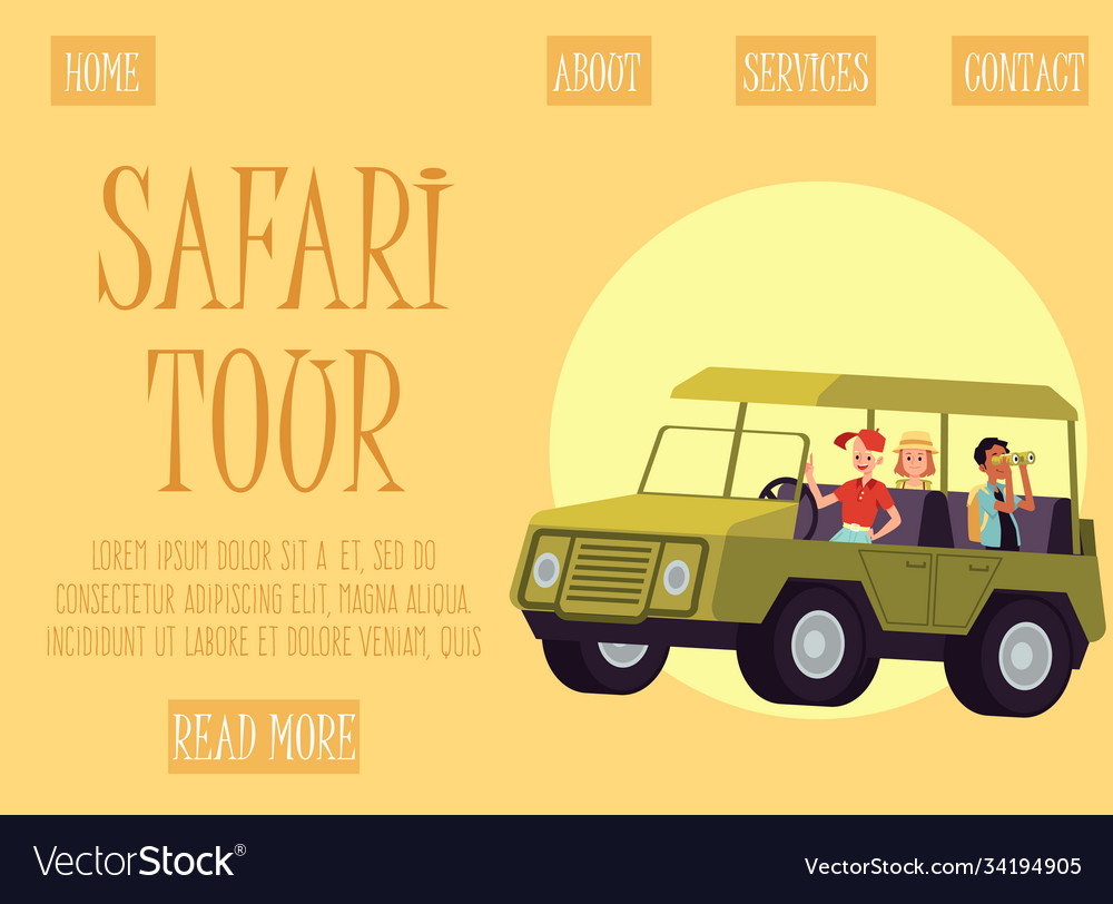 Cartoon people in safari tour truck - website