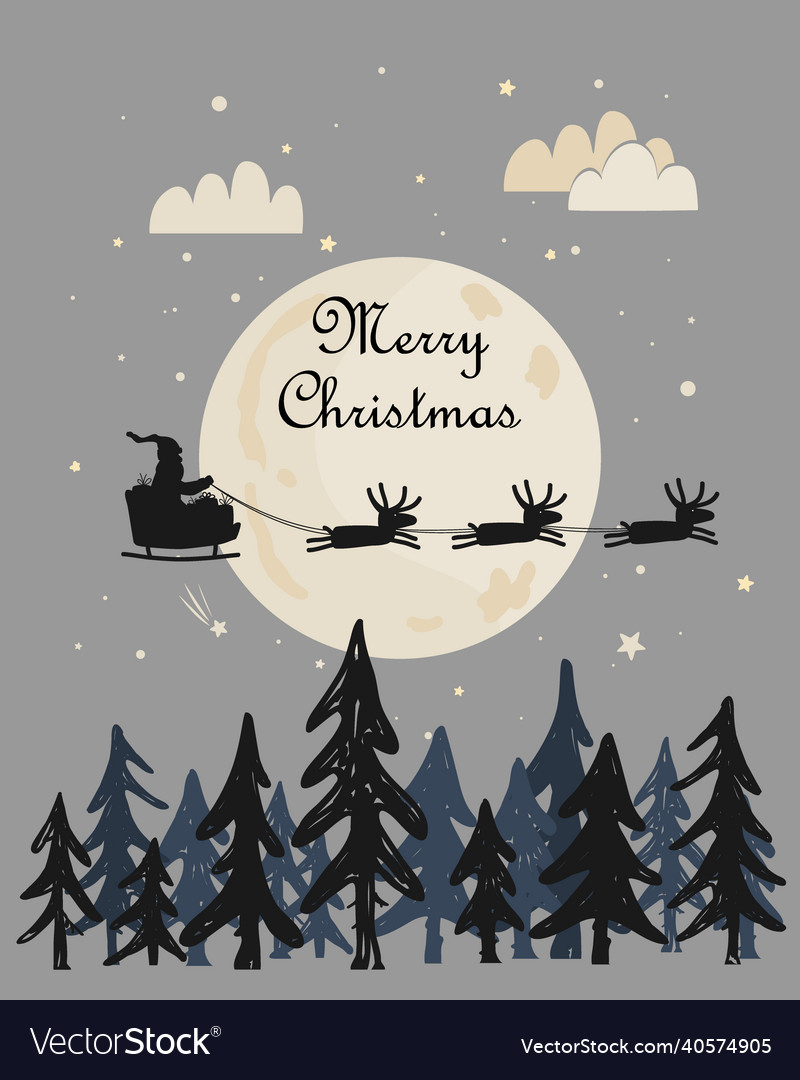 Santa and his deer herd flying through the night Vector Image