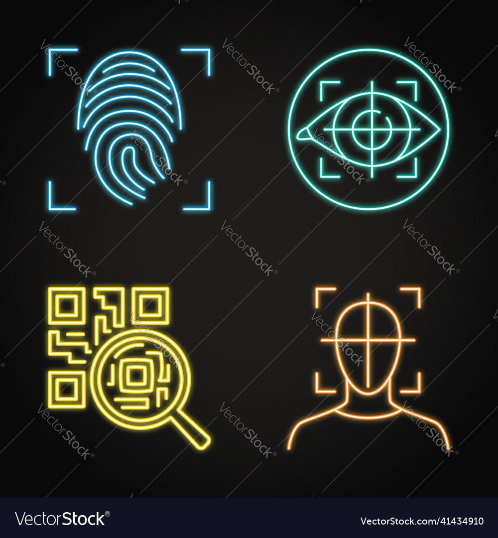 Neon biometric scan icon set vector image Neon biometric scan icon set