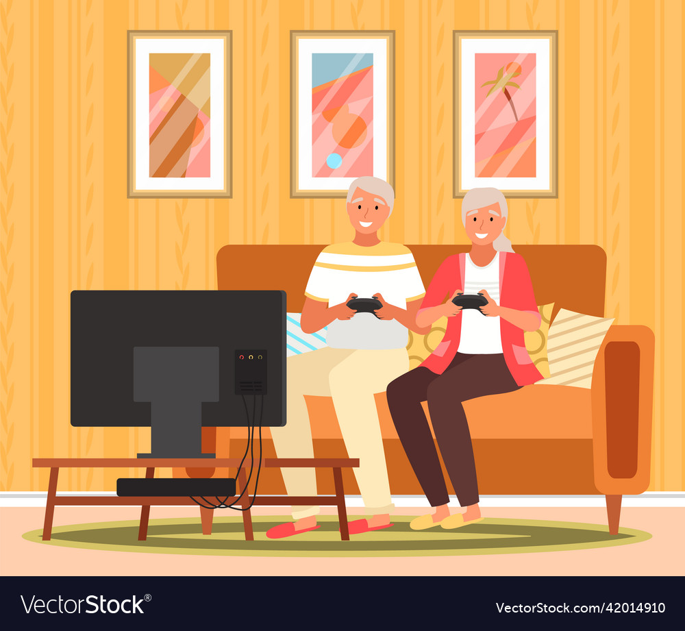 Retired couple with gamepads play on console old vector image Retired couple with gamepads play on console old