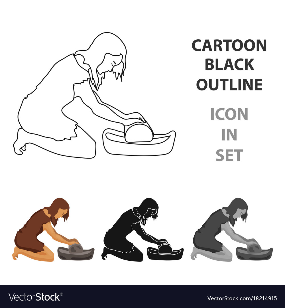 Cavewoman with grindstone icon in cartoon style