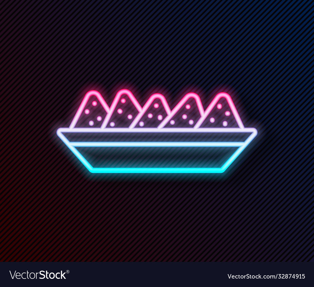 Glowing neon line nachos in plate icon isolated