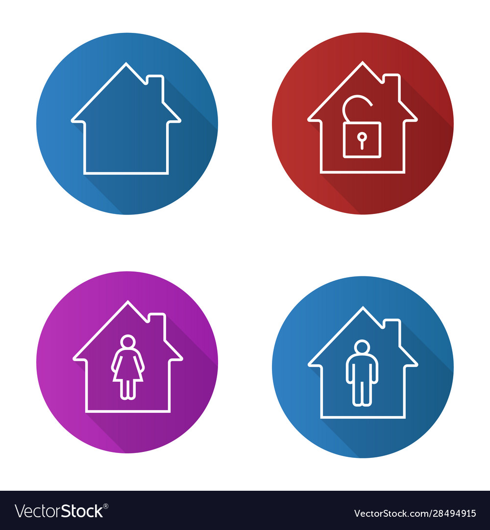 Houses flat linear long shadow icons set