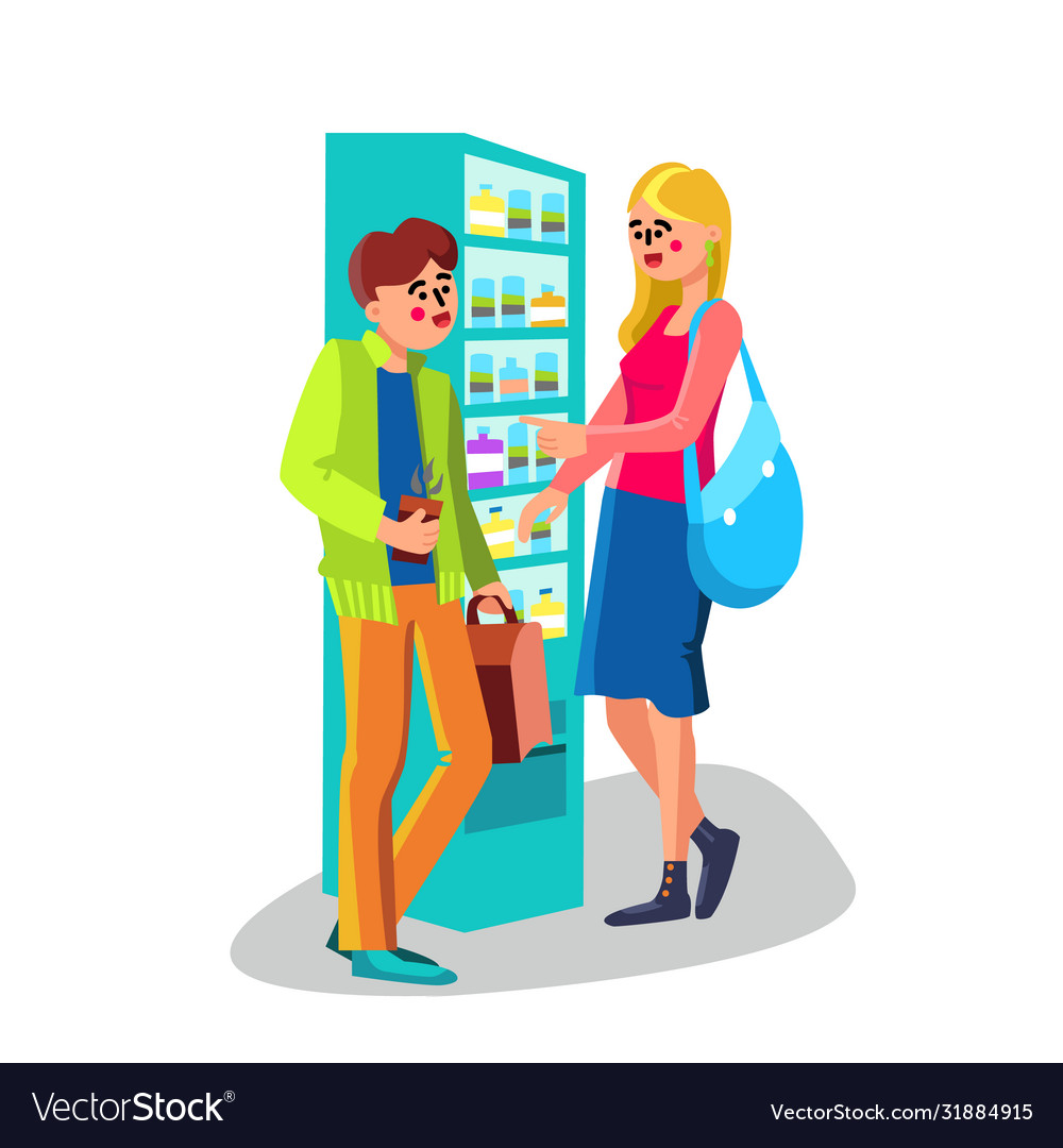 Man and woman talking near vending machine