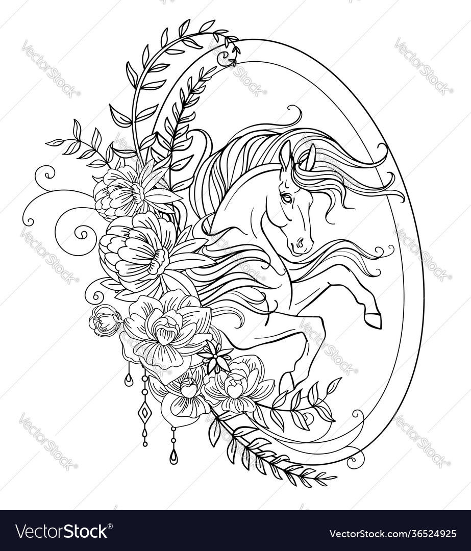 Head unicorn with flowers coloring oval