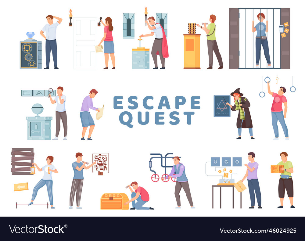 Quest escape game flat icon set Royalty Free Vector Image