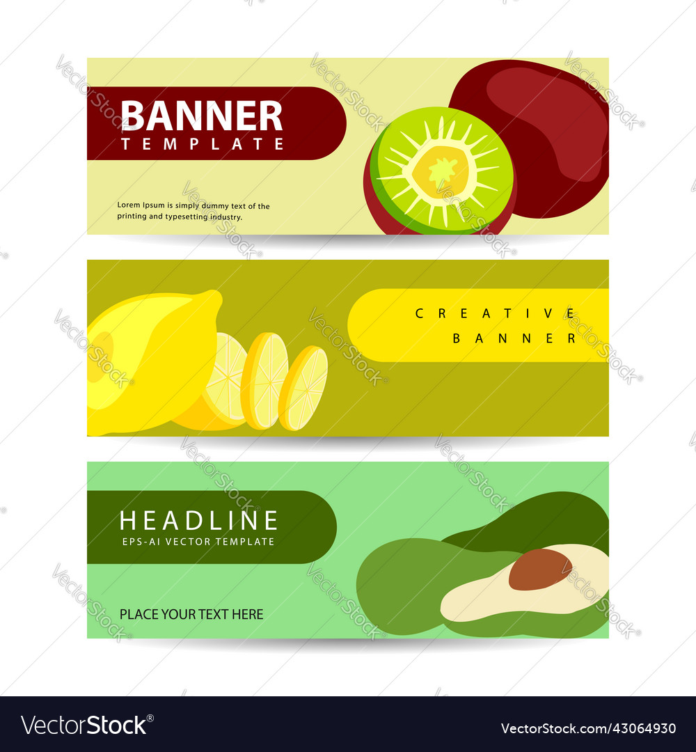 Banner with fresh fruits apple orange and avocado