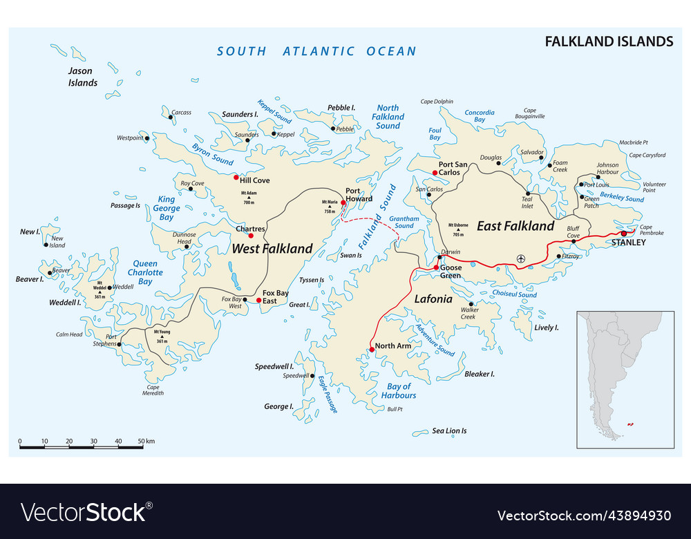 Falkland islands also malvinas road map Royalty Free Vector