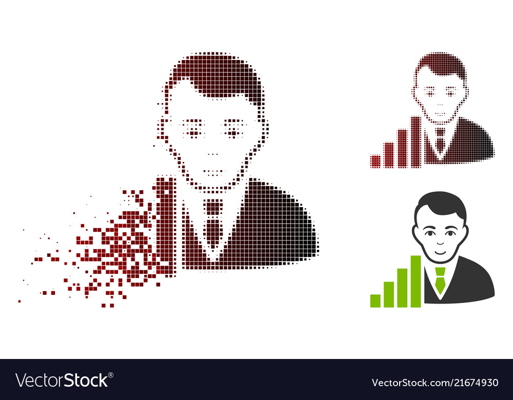 Fragmented dot halftone stock trader icon vector image Fragmented dot halftone stock trader icon