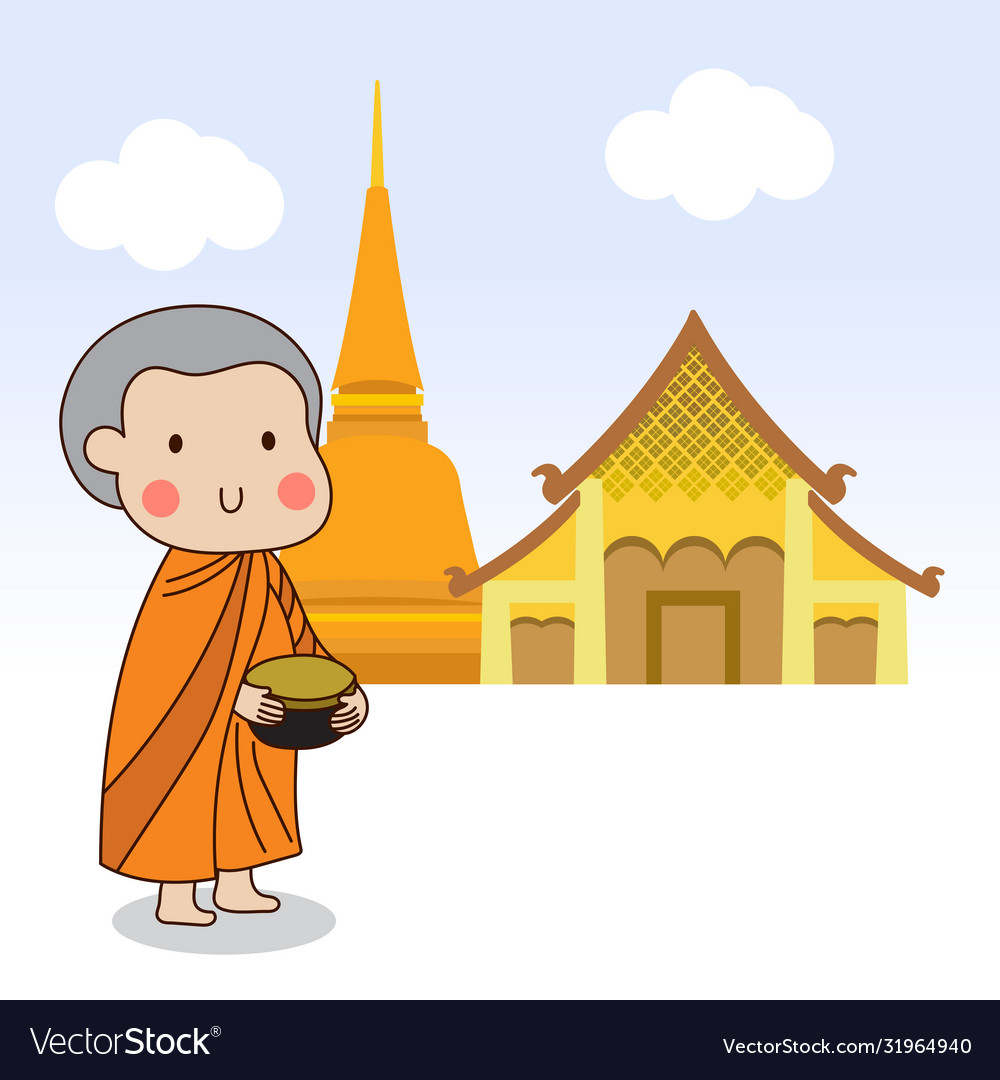 Buddhist novice holding alms bowl to receive food