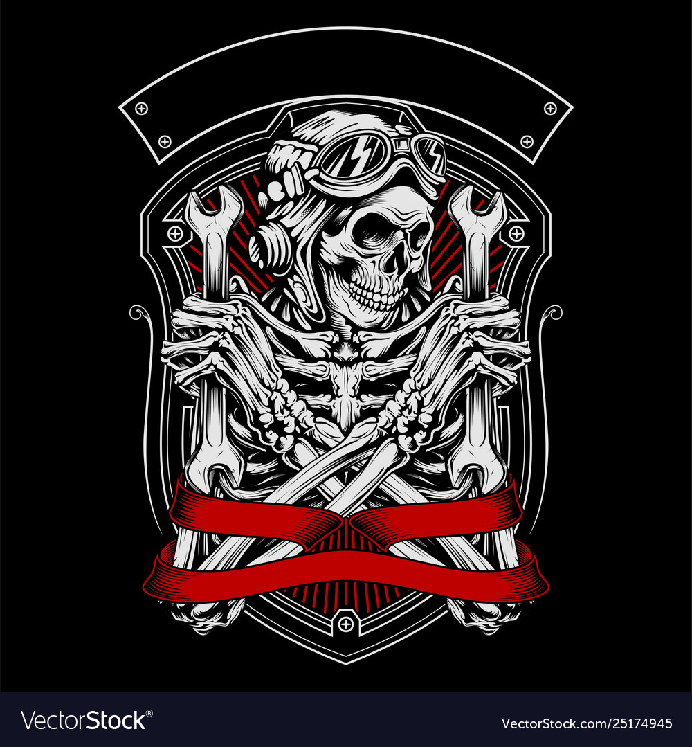 Skull wearing a helmet holding a wrench Royalty Free Vector