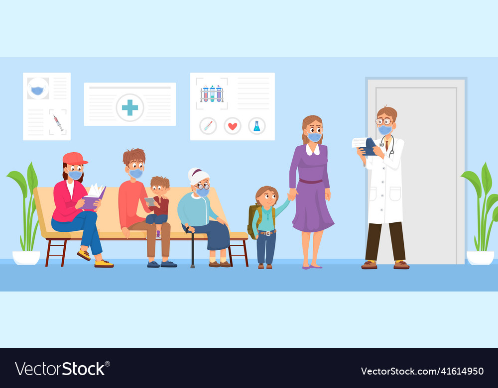 Doctor visiting waiting line patients wear mask Vector Image