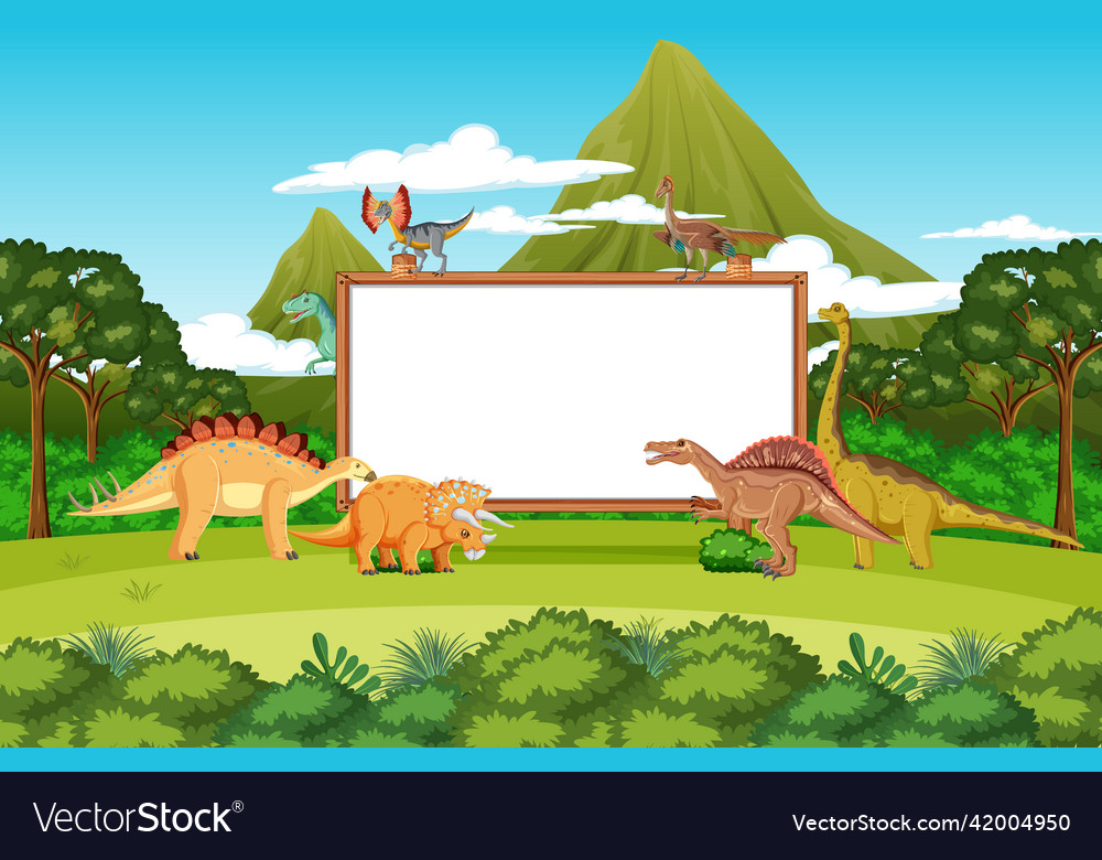 Scene with dinosaurs and whiteboard in the forest