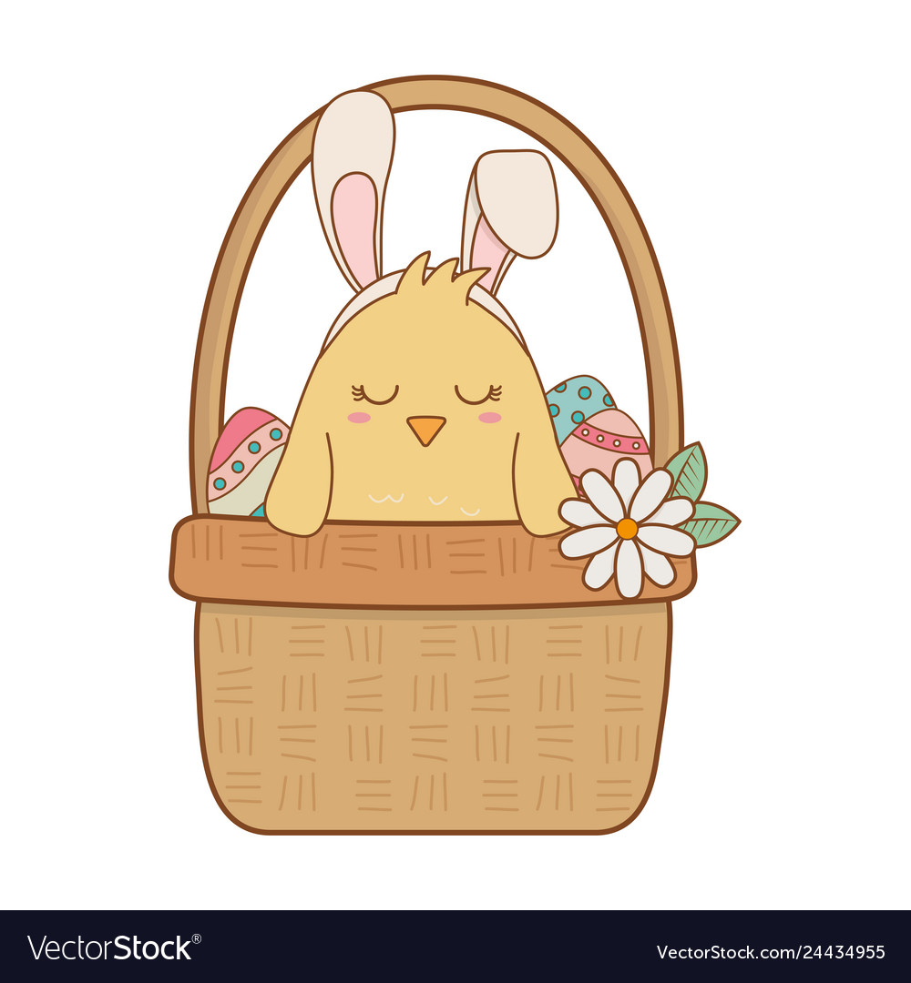 Kleine Tusche mit Ohren Kaninchen in Blumenkorb vector image Kleine Tusche mit Ohren Kaninchen in Blumenkorb