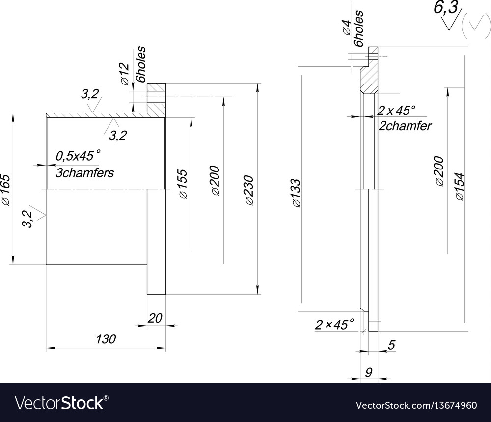Cap sketch with chamfers engineering drawing Vector Image