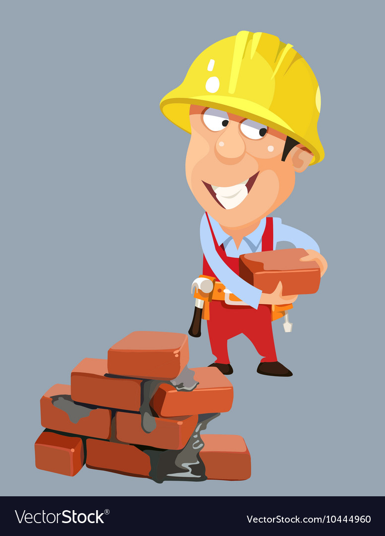 Cartoon builder worker man in a helmet with bricks