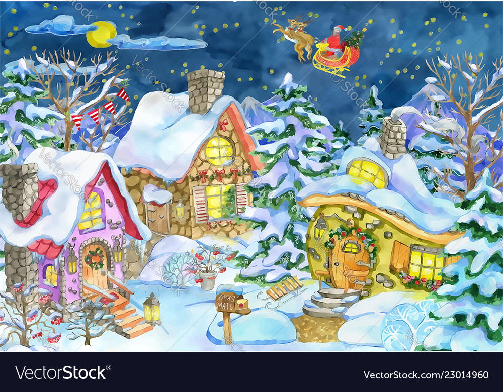 Christmas greeting card with village and santa