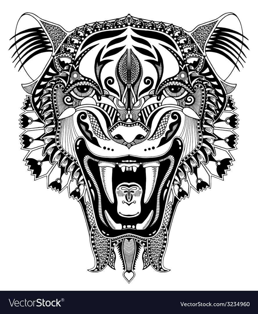 Original black head tiger drawing with the opened Vector Image