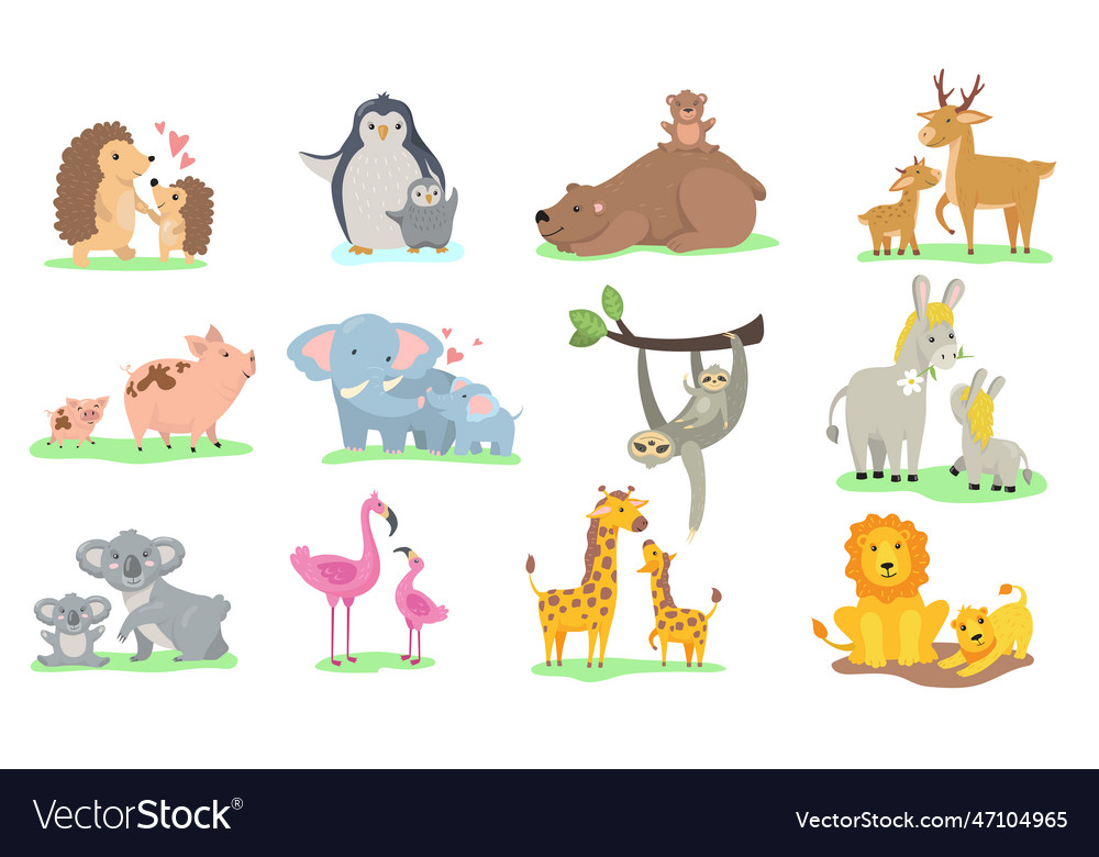 Bright little animals with their moms Royalty Free Vector