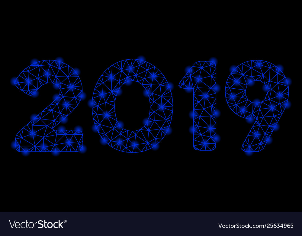 Bright mesh network 2019 digits text with light vector image Bright mesh network 2019 digits text with light