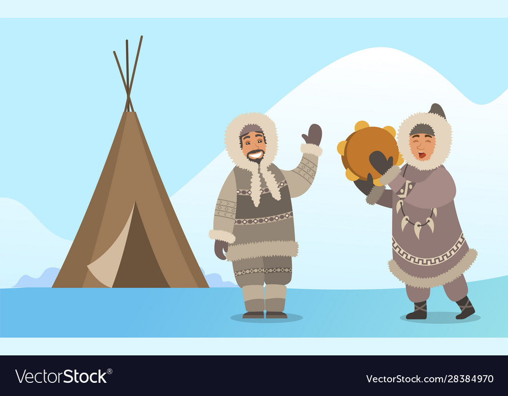 Eskimo singing with tambourine in alaska Vector Image