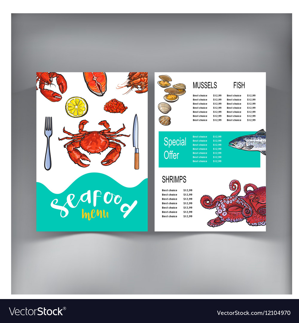 Sketch style seafood restaurant cafe menu design Vector Image