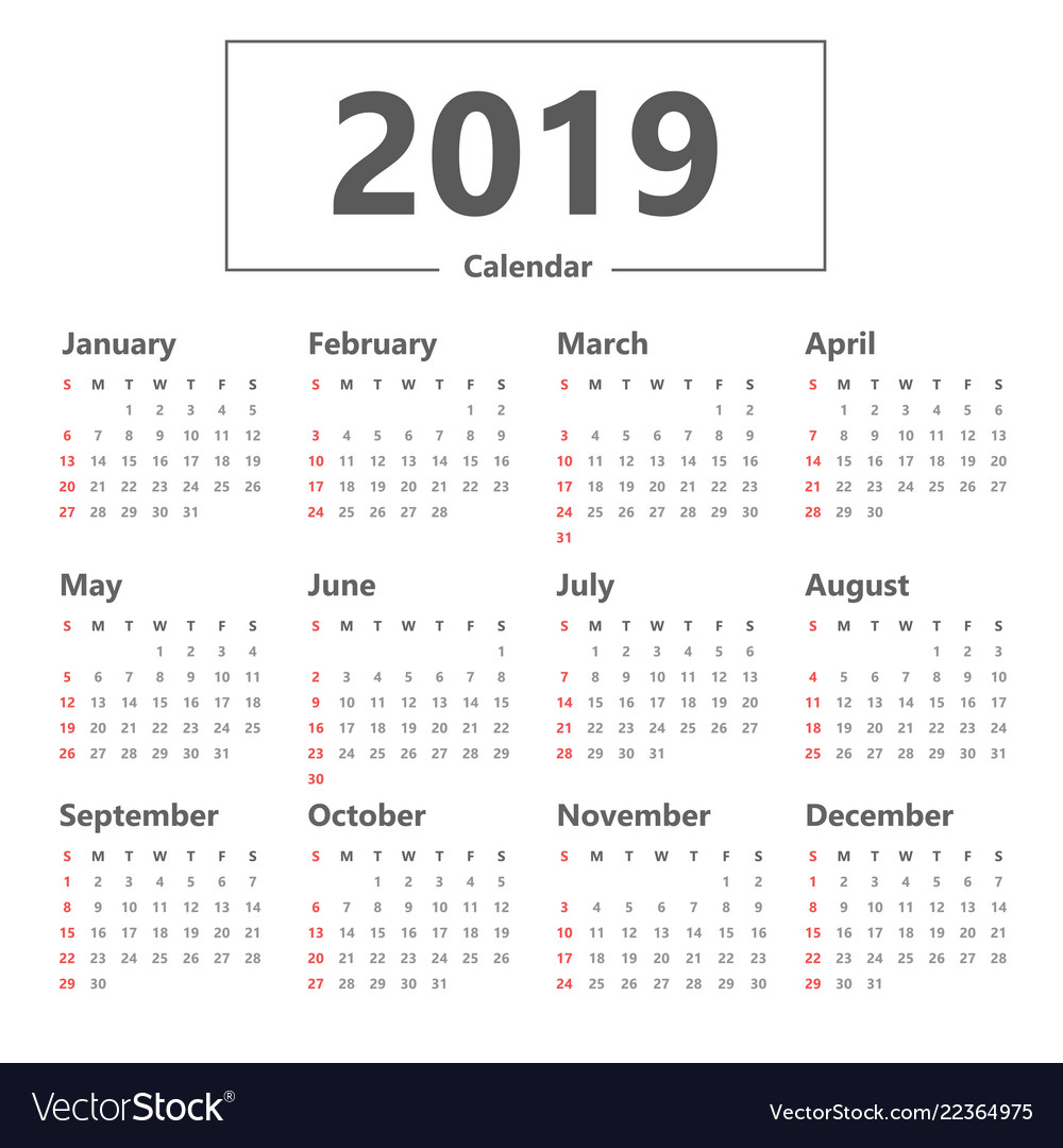 Calendar 2019 simple style week starts sunday Vector Image