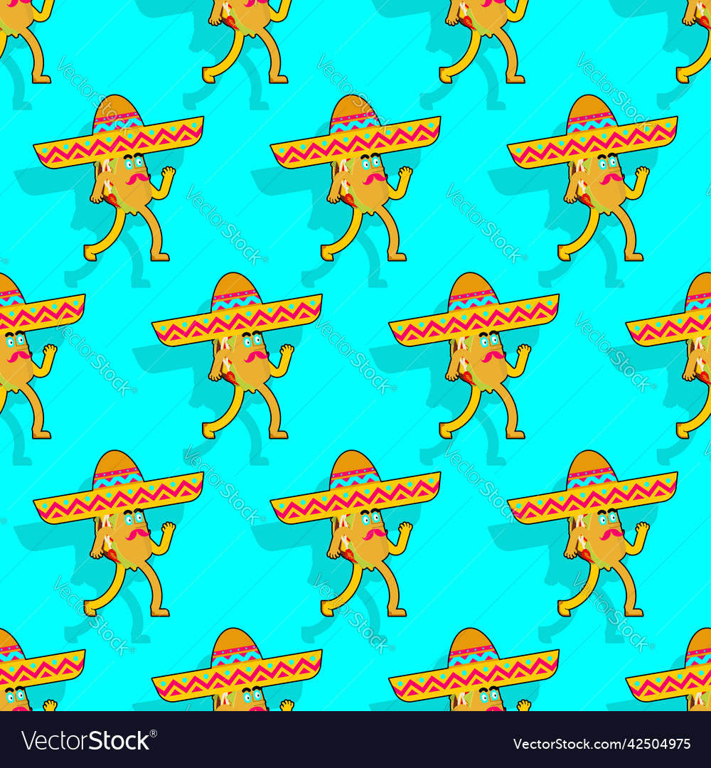 Cartoon taco in sombrero pattern seamless mexican