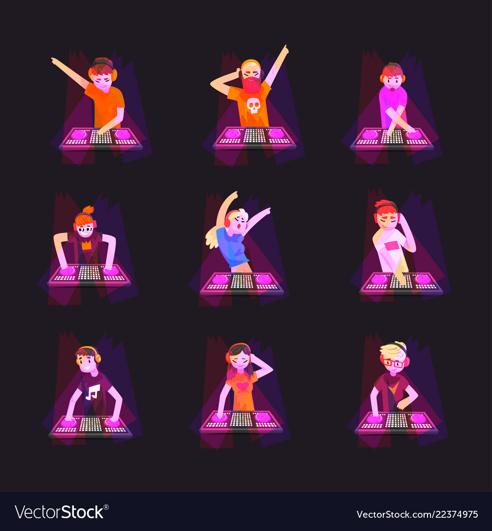 Collection of djs playing music on mixer console vector image Collection of djs playing music on mixer console