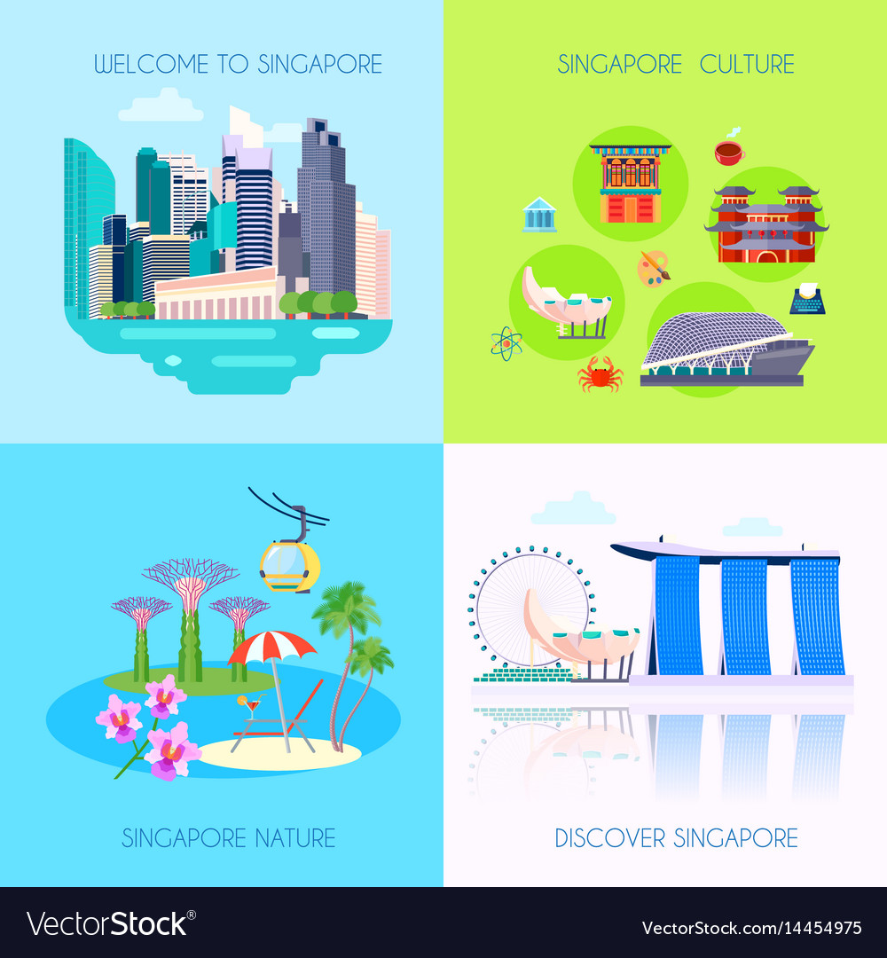 Flat singapore culture icon set Royalty Free Vector Image