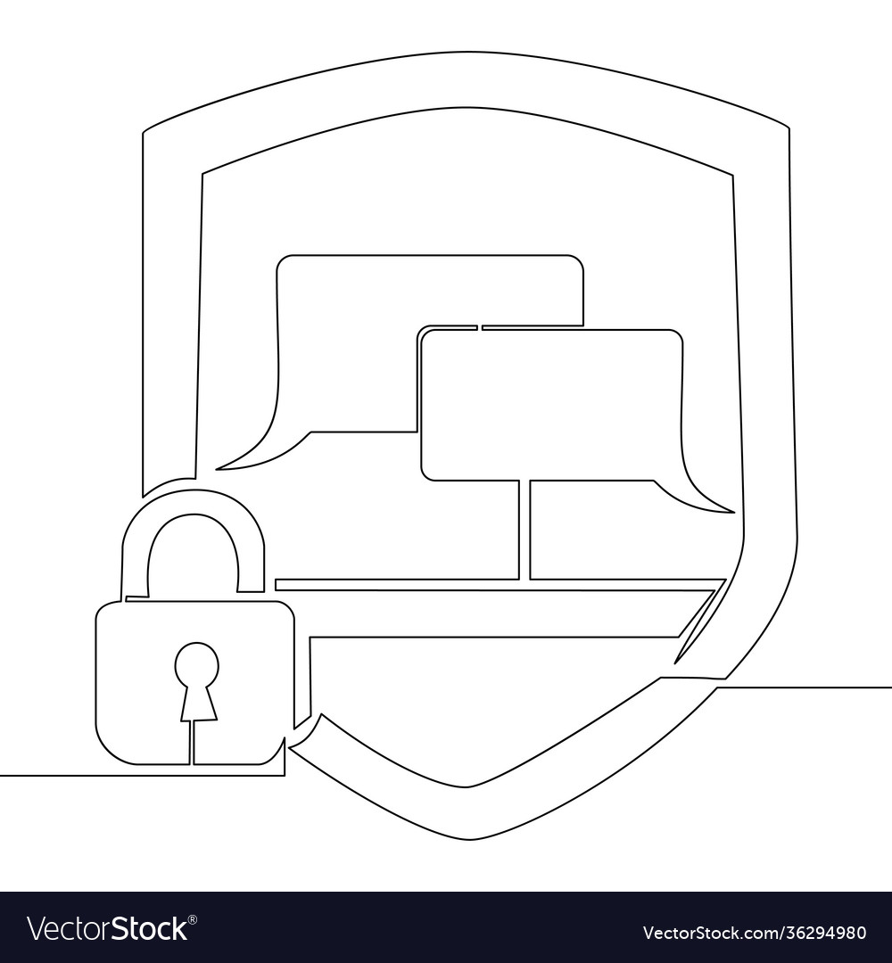 Continuous line lock chat bubble security concept vector image Continuous line lock chat bubble security concept