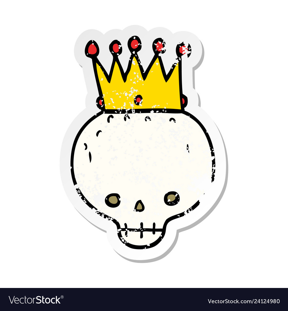 Distressed sticker of a cartoon skull with crown