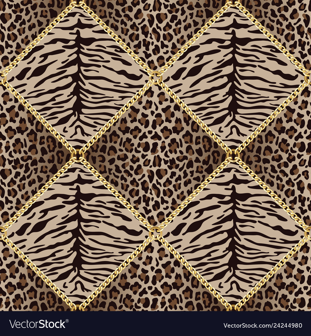 Golden chains seamless pattern with leopard Vector Image