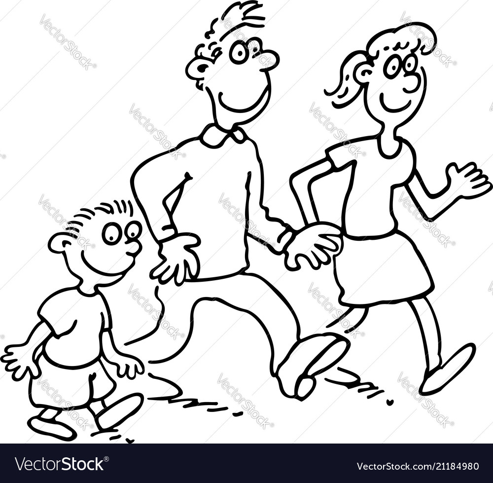 Happy family cartoon walking together outlined