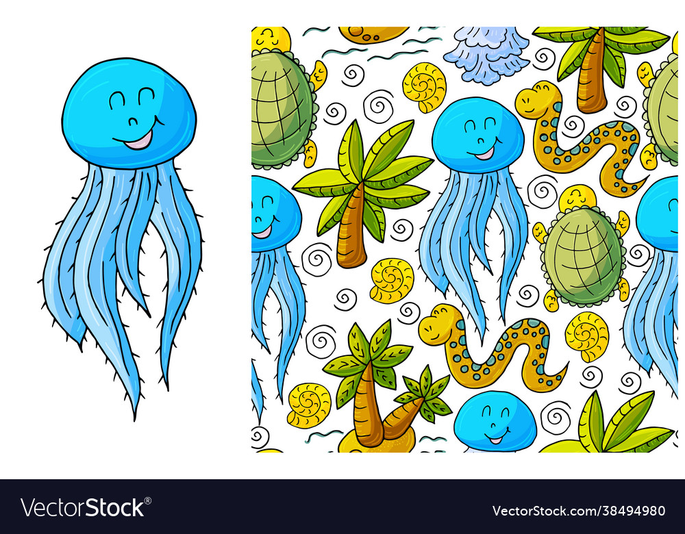 Set element and seamless pattern jellyfish vector image Set element and seamless pattern jellyfish