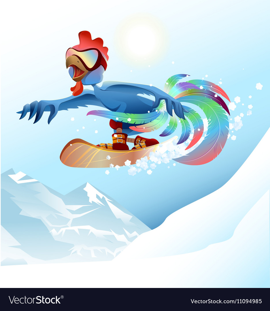 Rooster on snowboard riding mountain blue cock