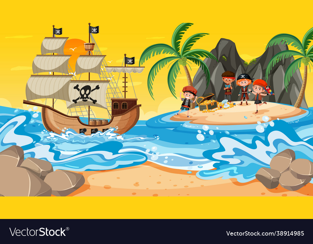 Treasure island scene at sunset time with pirate Vector Image