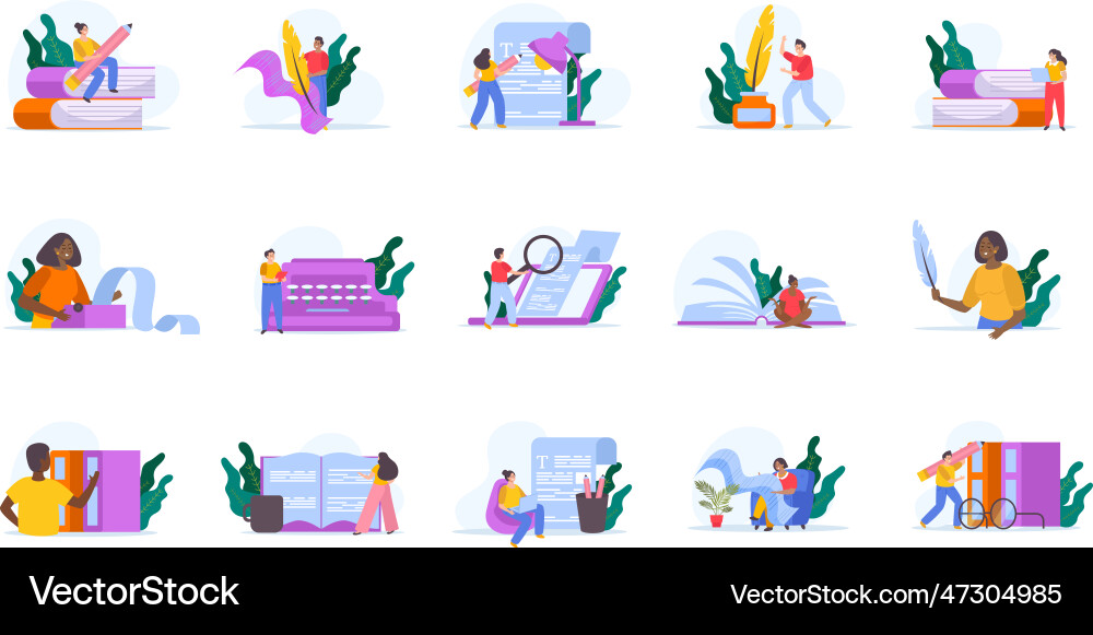 Writer flat compositions set Royalty Free Vector Image