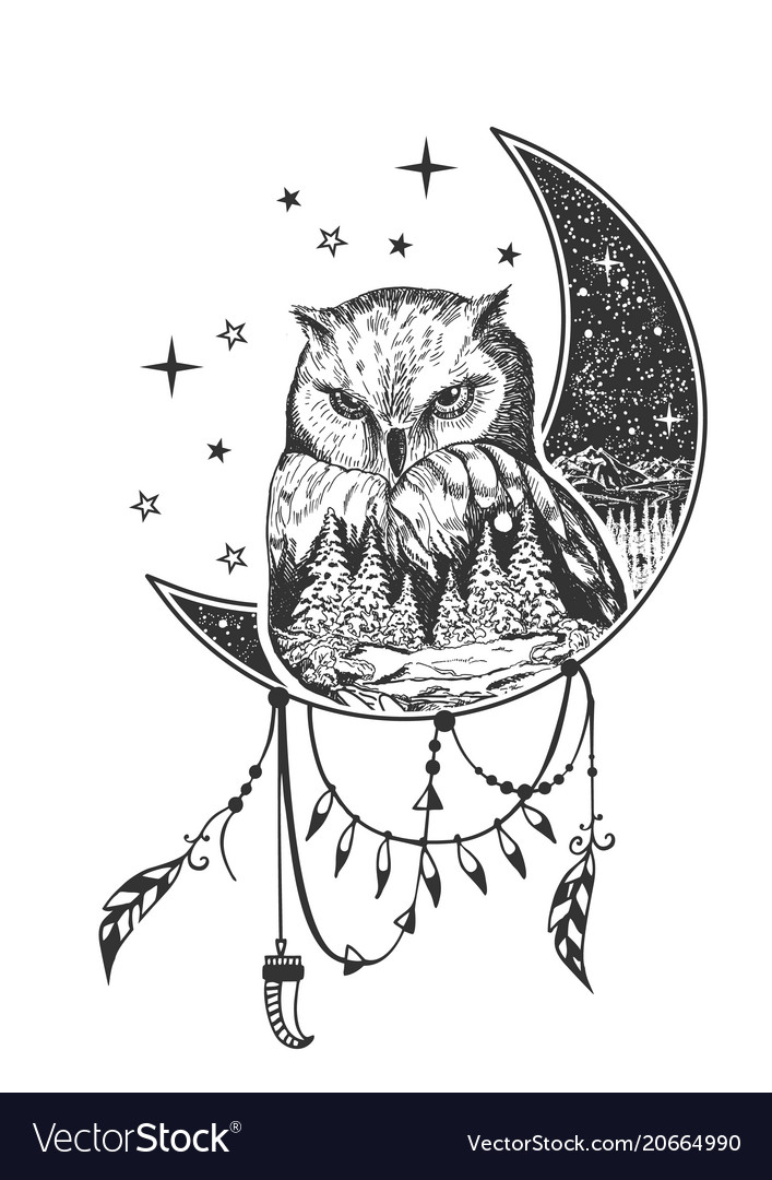 Boho Owl Tattoo Or T Shirt Print Design Royalty Free Vector